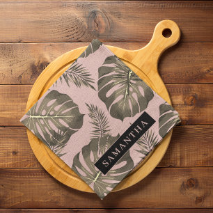 Linge De Cuisine Feuille Tropical Pink & Gold Palm Motif et nom