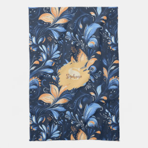 Linge De Cuisine Feuilles Abstraits de marguerite bleu et or (3)
