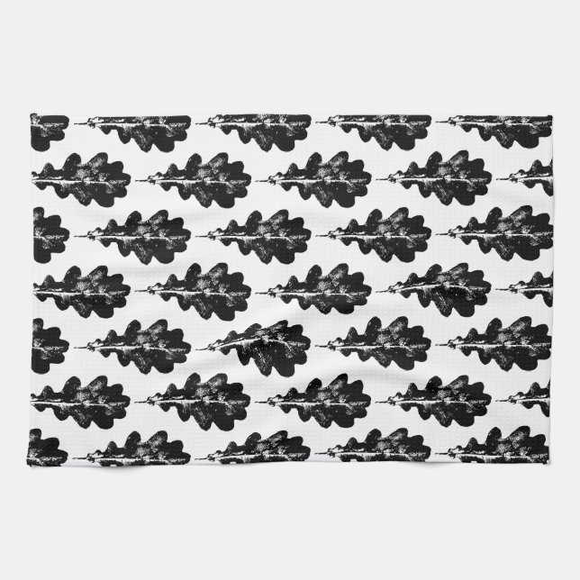 Linge De Cuisine Feuilles de chêne noir et blanc Motif d'impression (Horizontal)