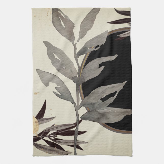Linge De Cuisine Feuilles de l'aquarelle artistique | Noir et ivoir (Vertical)