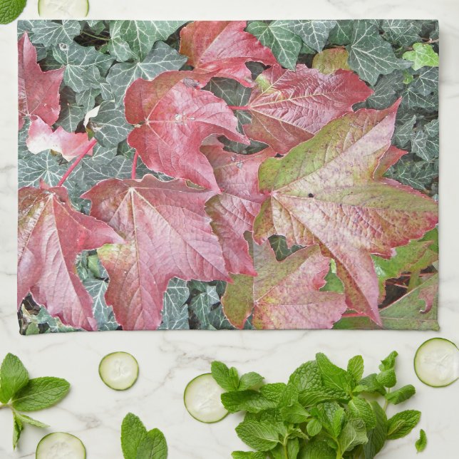 Linge De Cuisine Feuilles de lierre vert rouge automne saison (Plié)