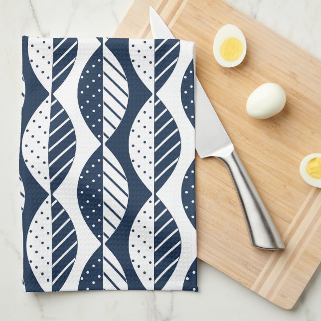 Linge De Cuisine Feuilles de style scandinave, bleu marine et blanc (Quart Plié)