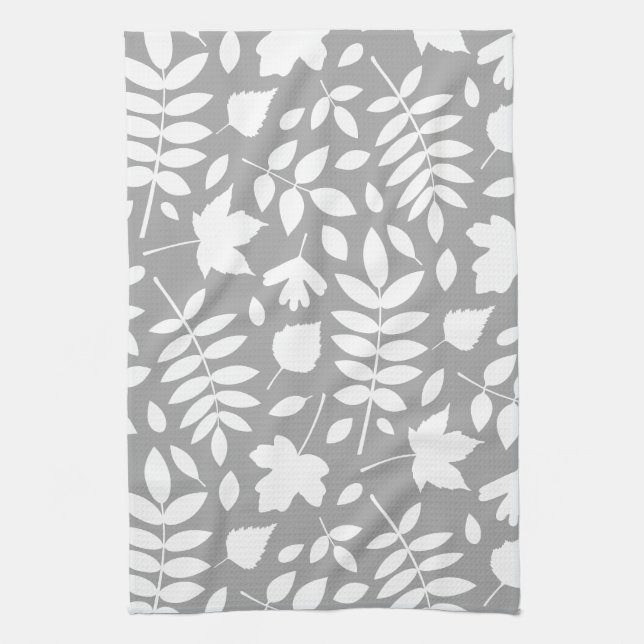 Linge De Cuisine Feuilles tombés Lg Motif blanc sur gris (Vertical)