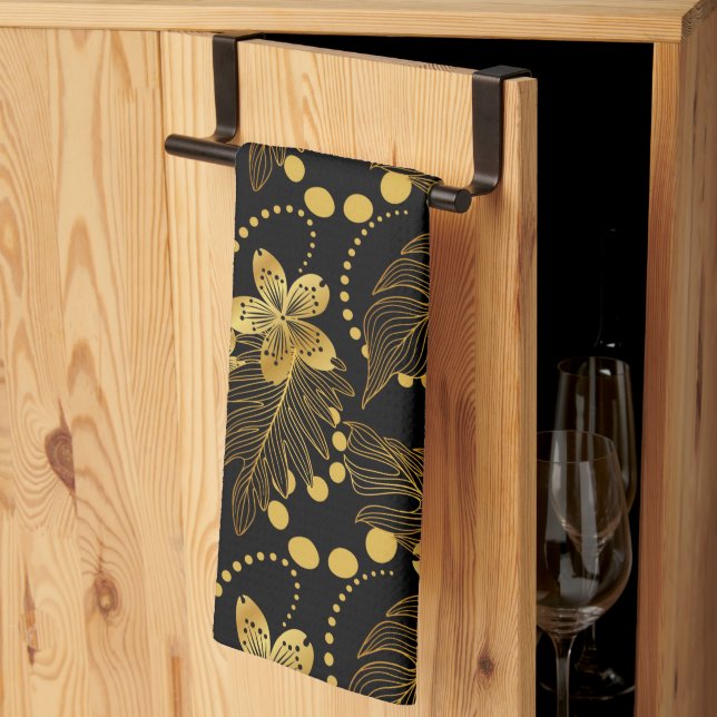 Linge De Cuisine Feuilles tropicaux noirs et or et fleurs motif (Pliage en tiers)