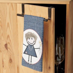 Linge De Cuisine Figure de bâton fille avec marguerites sur Denim