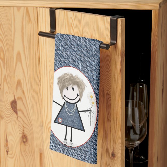 Linge De Cuisine Figure de bâton fille avec marguerites sur Denim (Pliage en tiers)