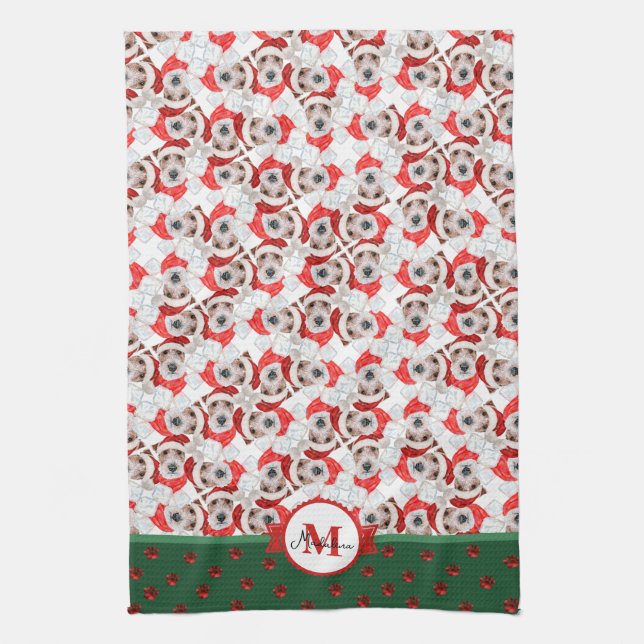 Linge De Cuisine Fil Fox Terrier Motif Monogram Chien de Noël (Vertical)