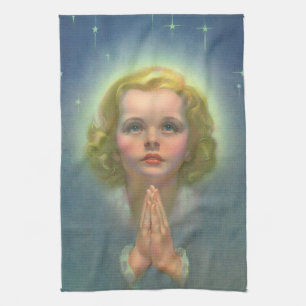 Linge De Cuisine Fille blonde angélique avec halo et étoiles priant