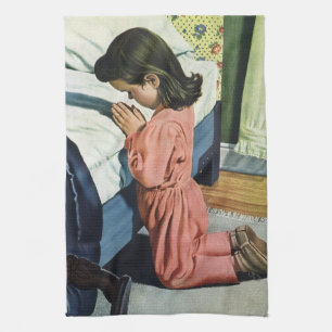 Linge De Cuisine Fille priant au coucher, la prière du Seigneur