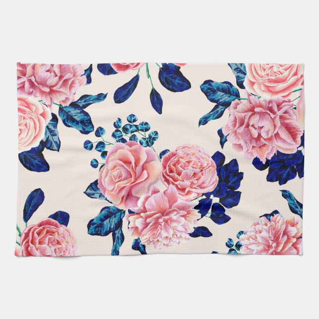 Linge De Cuisine Fille Rose Marine Bleu Pays Fleurs Peintes (Horizontal)