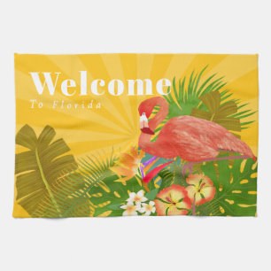 Linge De Cuisine Flamant Floride Bienvenue Jaune Orange