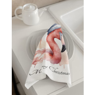 Linge De Cuisine Flamant rose de Noël, personnalisable