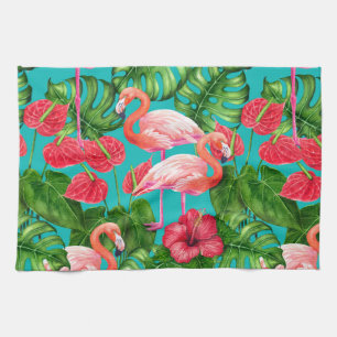 Linge De Cuisine Flamant rose et aquarelle du jardin tropical