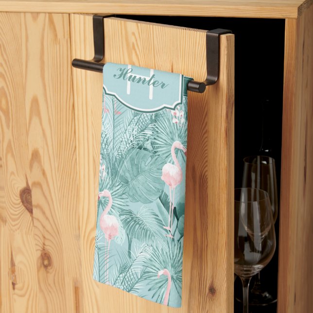 Linge De Cuisine Flamant rose Orchidée Tropical Motif Turquoise ID8 (Pliage en tiers)