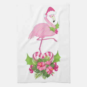 Linge De Cuisine Flamant rose rose à Santa Hat Noël Whimsical