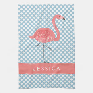 Linge De Cuisine Flamant rose Rose Avec Polkadot Bleu Et Blanc