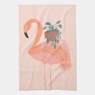 Linge De Cuisine Flamant Tropical avec Plante en Pot Dessiné à la M