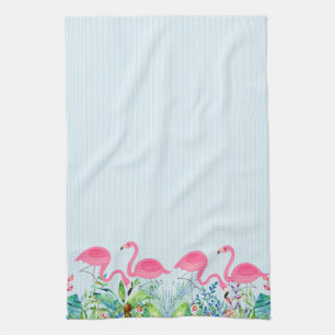 Linge De Cuisine Flamants roses mignoniques bordé de fleurs tropica