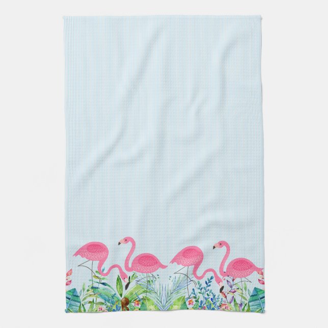 Linge De Cuisine Flamants roses mignoniques bordé de fleurs tropica (Vertical)