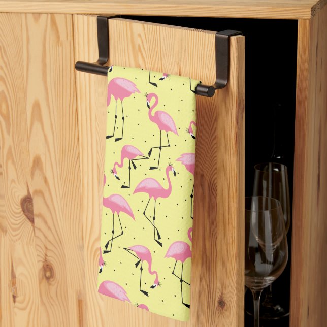 Linge De Cuisine Flamants roses royaux sur Jaune (Pliage en tiers)