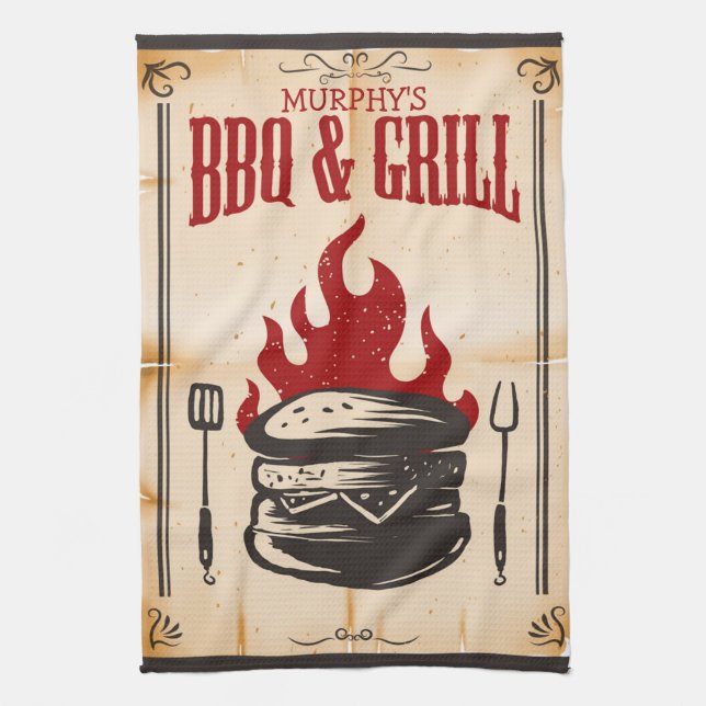 Linge De Cuisine Flammes BBQ et Grill Family personnalisées (Vertical)