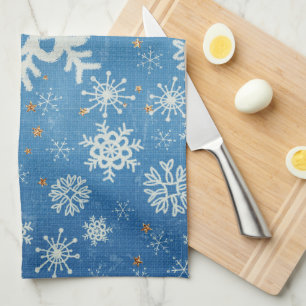 Linge De Cuisine Flammes de neige et étoiles d'or sur cuisine bleue
