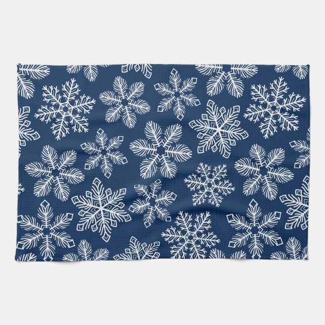 Linge De Cuisine Flammes de neige sur bleu foncé (Horizontal)