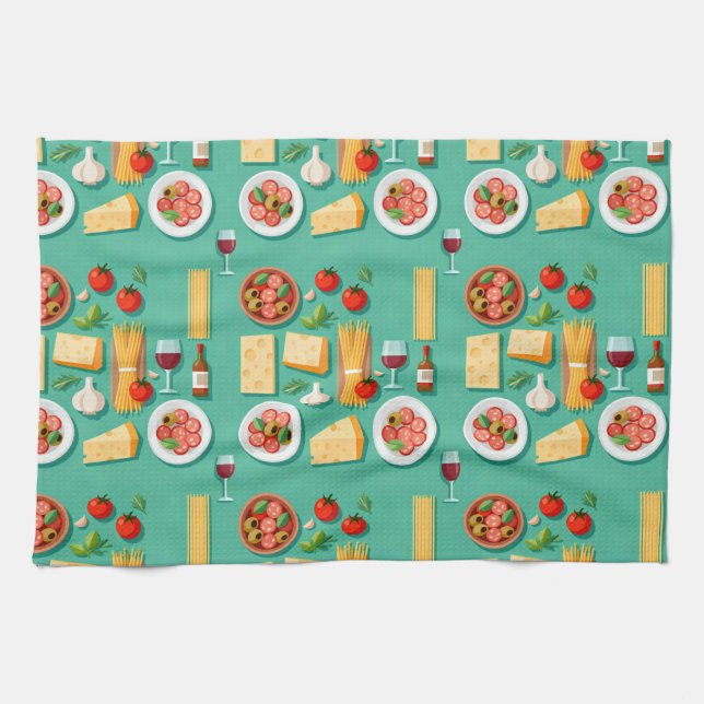 Linge De Cuisine Flat lay pattern of Italian food including wine (Horizontal)