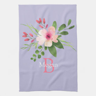 Linge De Cuisine Fleur aquarelle, nom et monogramme sur lavande
