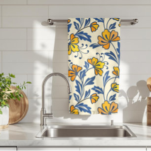 Linge De Cuisine Fleur Bleue Feuillue de Style Folk Orange Jaune Vi