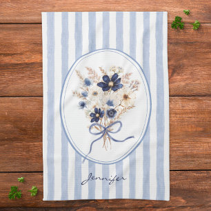 Linge De Cuisine Fleur Bleue Marine Fleurs Rayures Personnalisé