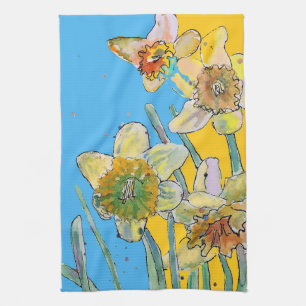 Linge De Cuisine Fleur de jonquille Florale Ressort Aquarelle Bleu