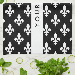 Linge De Cuisine Fleur de Lis, Blanc sur Noir, Blanc, Votre Nom