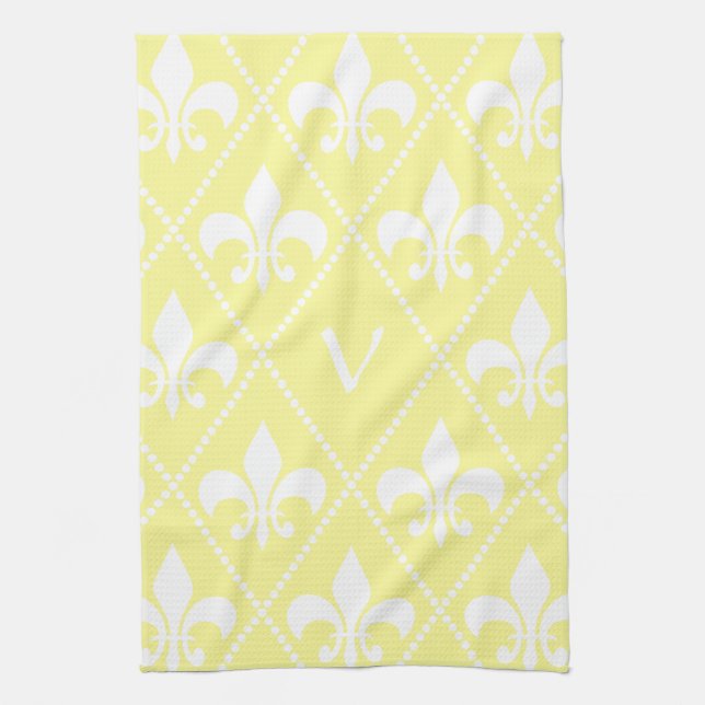 Linge De Cuisine Fleur de Lis crème avec monogramme initial (Vertical)