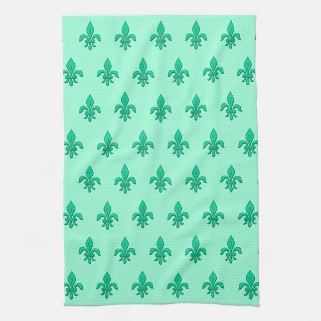 Linge De Cuisine Fleur de Lis en Aqua Turquoise et Lumière (Vertical)