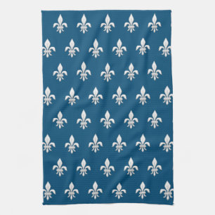 Linge De Cuisine Fleur de Lis en blanc sur Deep Cobalt Blue