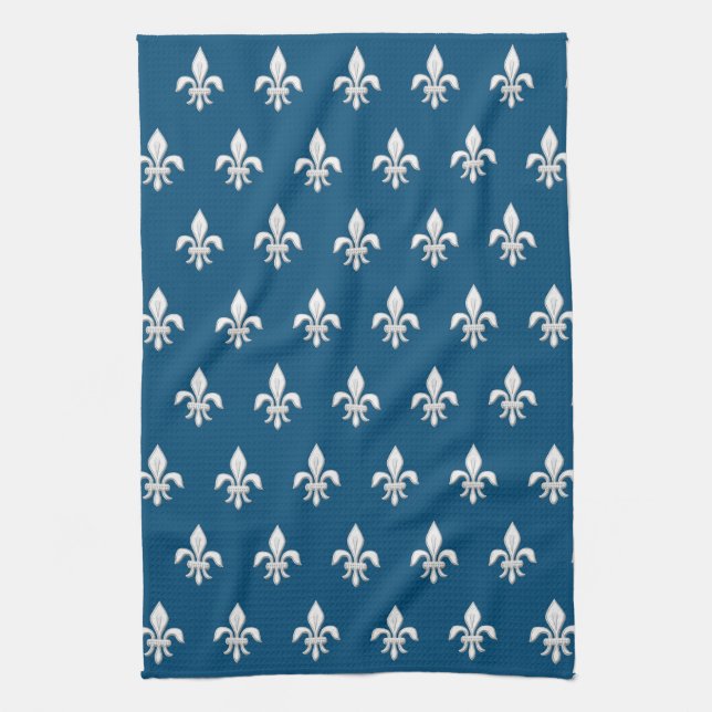 Linge De Cuisine Fleur de Lis en blanc sur Deep Cobalt Blue (Vertical)