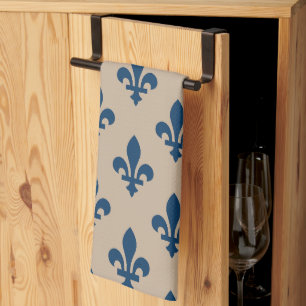 Linge De Cuisine Fleur de Lis Motif, Royal French Blue sur Crème