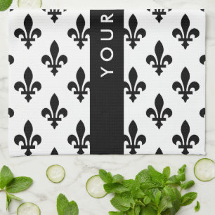 Linge De Cuisine Fleur de Lis, Noir sur Blanc, Noir, Votre Nom