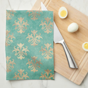 Linge De Cuisine Fleur de lis or et turquoise patine vintage verte 