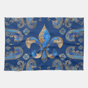 Linge De Cuisine Fleur de lis ornement de luxe - marbre bleu