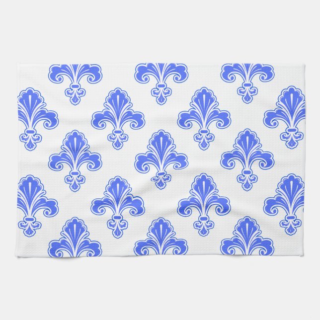 Linge De Cuisine Fleur de lis, Royal Bleu & Blanc (Horizontal)