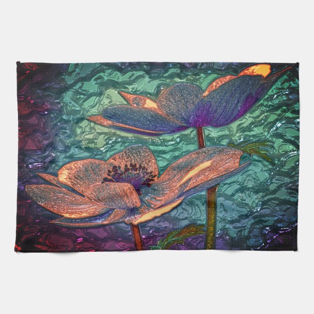 Linge De Cuisine Fleur de Lotus sur l'eau vert violet or floral (Horizontal)