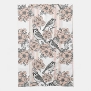 Linge De Cuisine Fleur de oiseau vintage Toile Rayure (1)