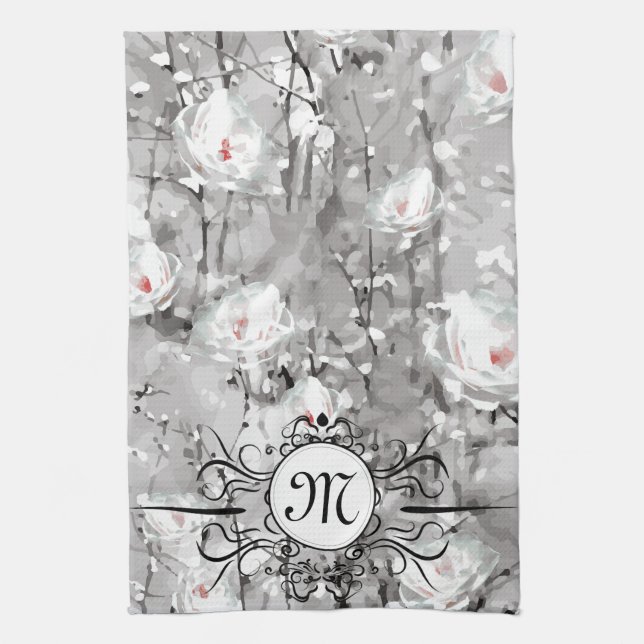 Linge De Cuisine Fleur de rose blanche gris floral d'hiver (Vertical)