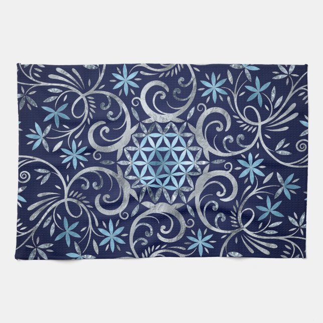 Linge De Cuisine Fleur de vie Mandala - Bleu Argent (Horizontal)