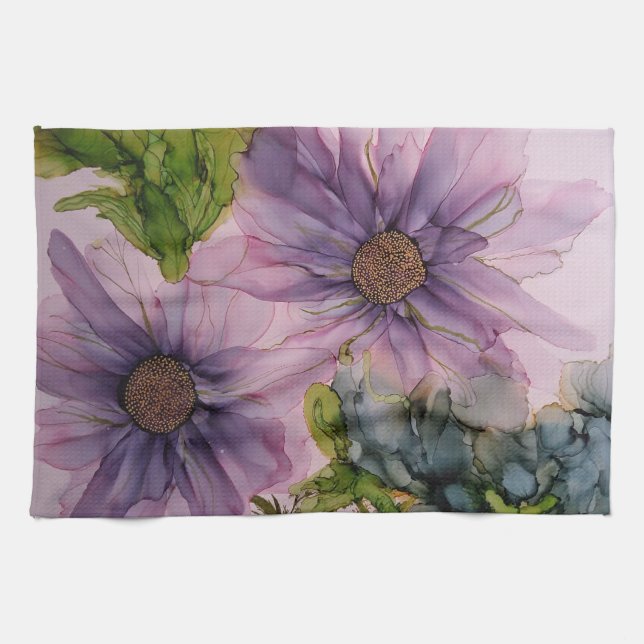 Linge De Cuisine fleur d'encre d'alcool rose et violet (Horizontal)