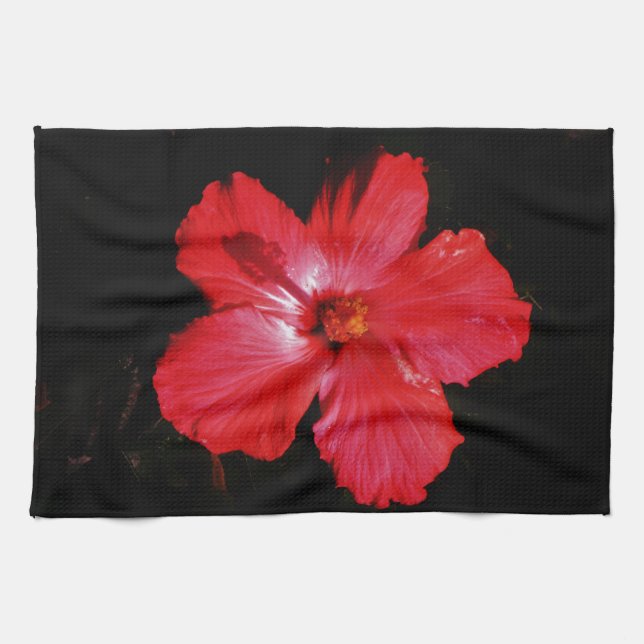 Linge De Cuisine Fleur d'Hibiscus rouge rose chaud sur noir (Horizontal)