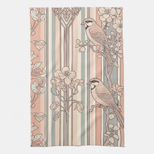 Linge De Cuisine Fleur d'oiseau élégante à rayures pêche (3)
