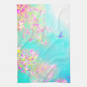Linge De Cuisine Fleur et papillon floral mignon printemps bleu ros